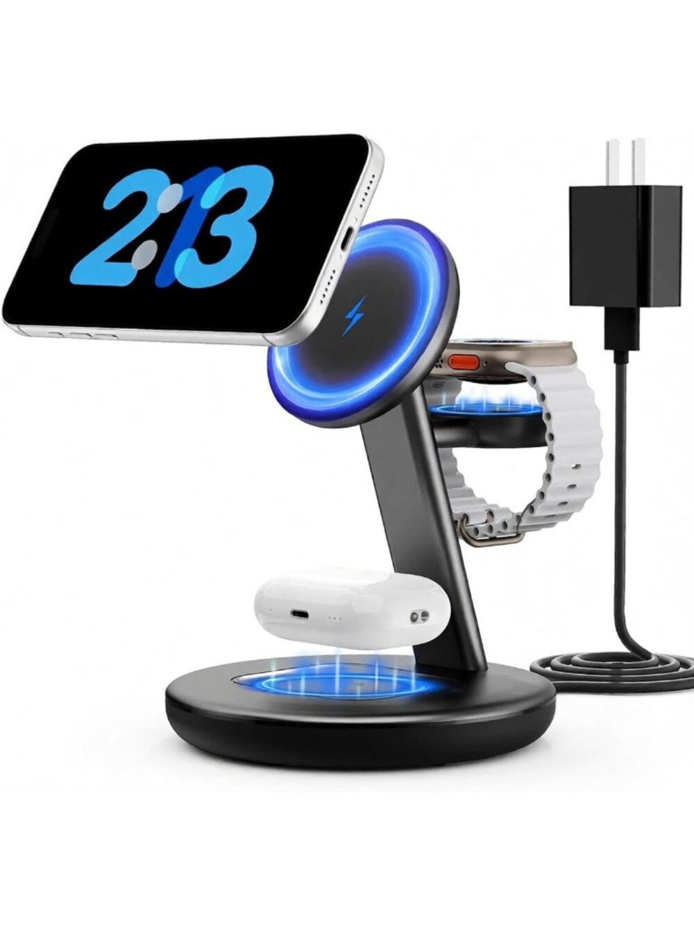 3-in-1 Magnetic Wireless Charger Stand for iPhone, Apple Watch & AirPods - Fast